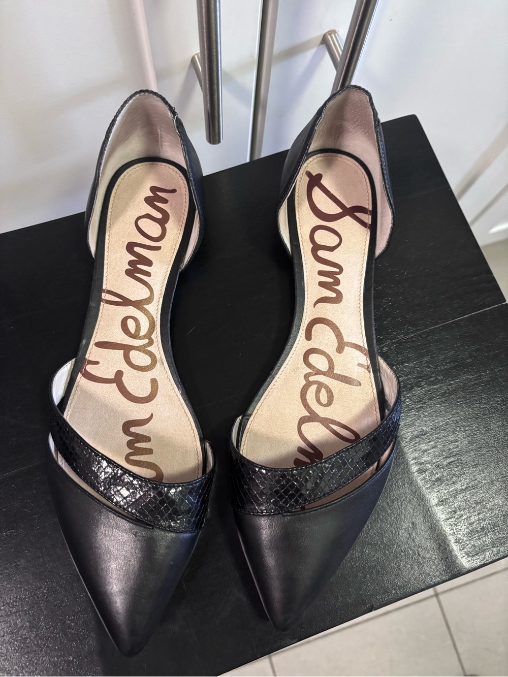 Sam Edelman Black Pointed D'Orsay Flats with Textured Strap Accent AS IS